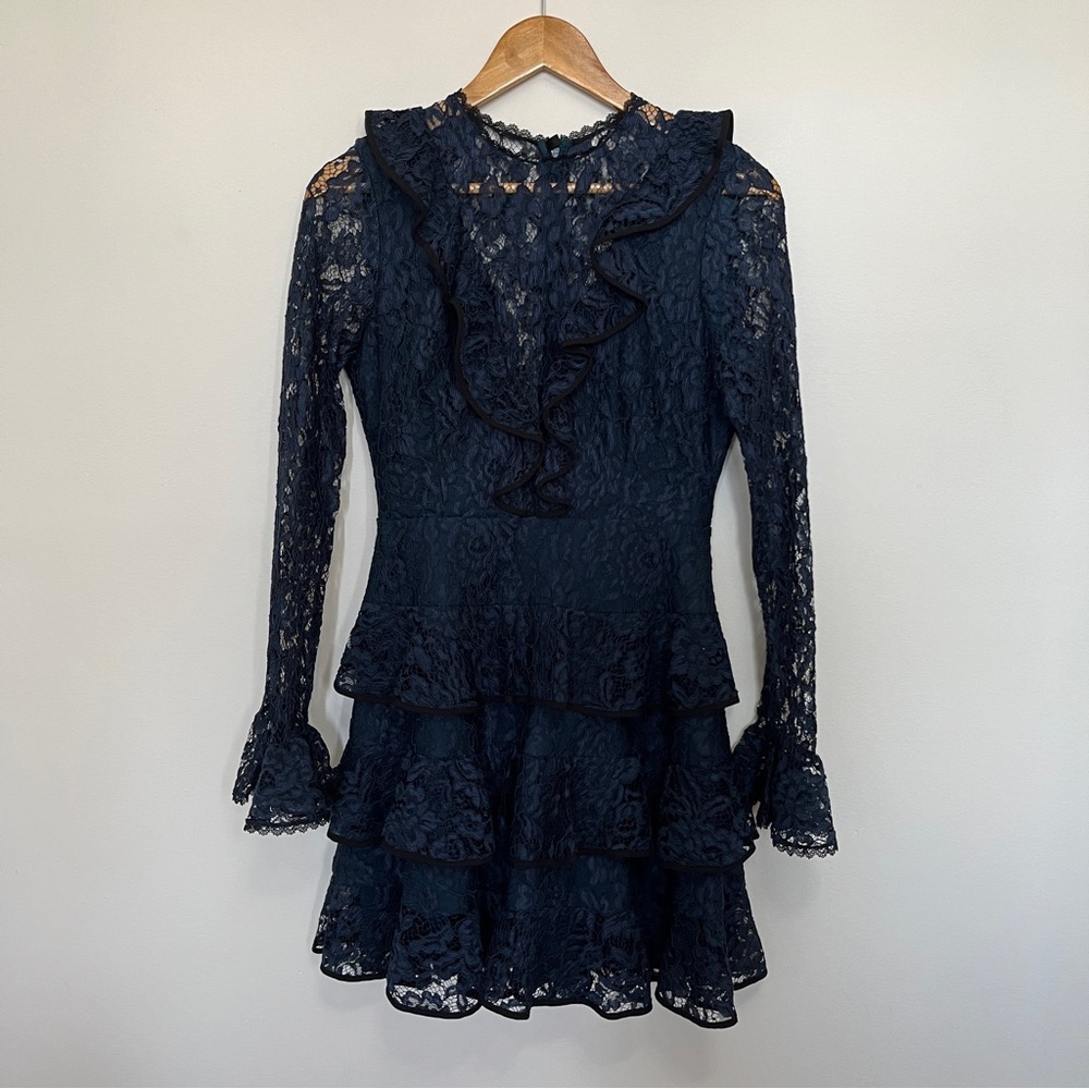 Alexis Navy Tracie Long-Sleeve Tiered Ruffled Lace Mini Dress in Size S - Picture 2 of 6
